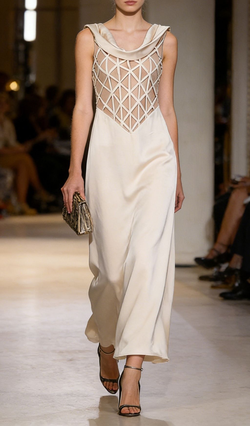 Keyra Champagne Satin Maxi Gown with Geometric Lattice Bodice & Cowl Neck
