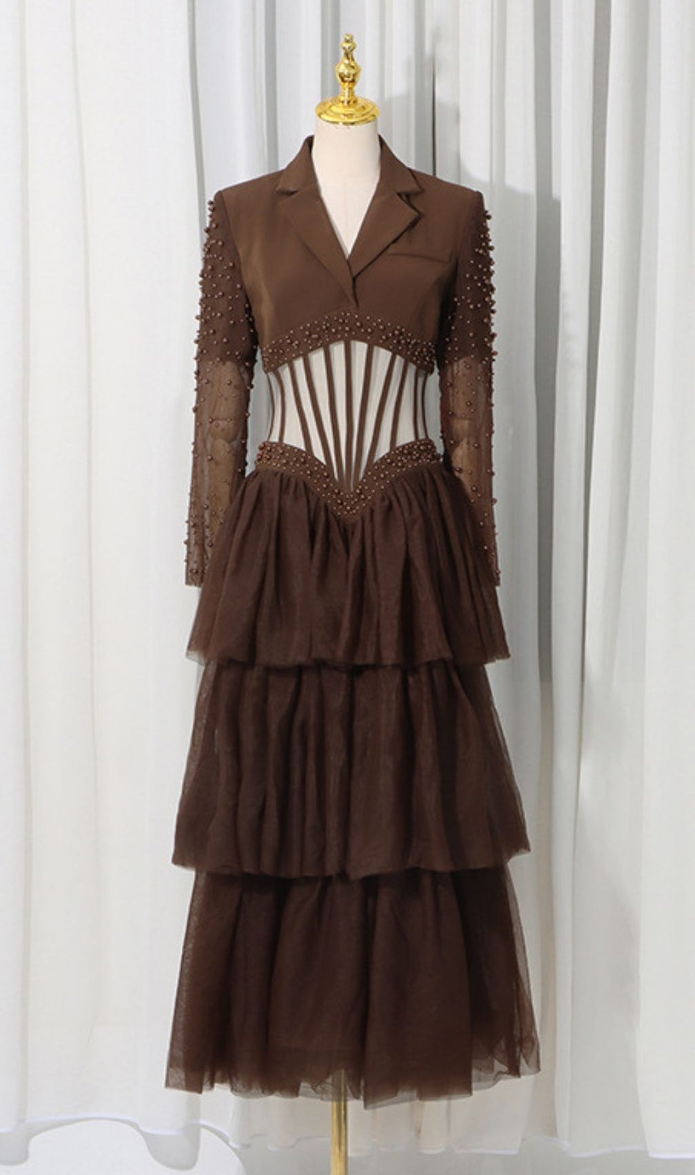 Kaysar Coffee Brown Beaded Corset Gown | Elegant Tiered Mesh Maxi Dress