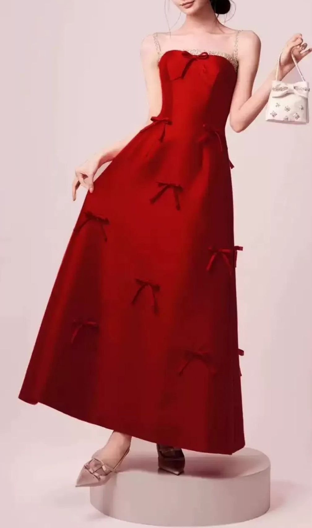 Kiara Red Bow-Embellished Strappy Maxi Dress - Elegant Gala & Event Gown