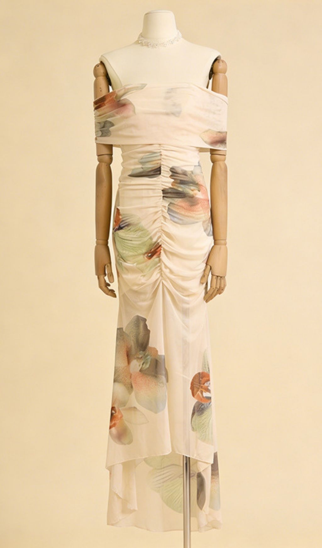 Kestrel Elegant Off-Shoulder Ruched Floral Maxi Dress for Women