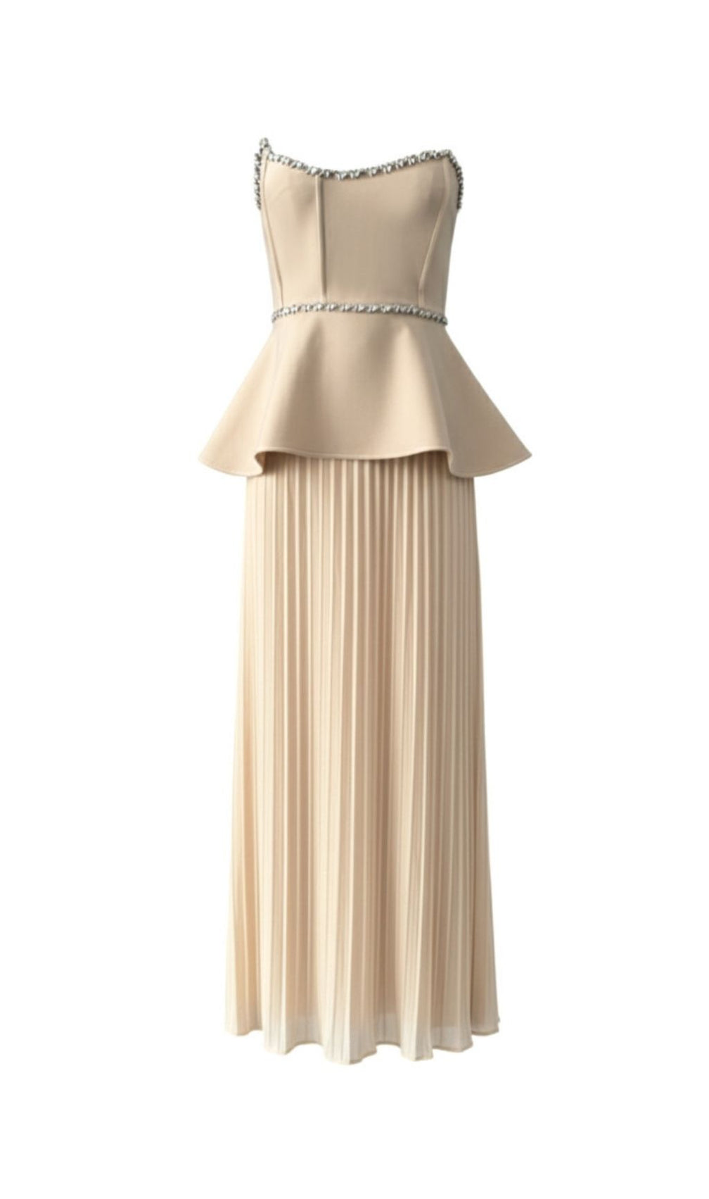 Khaleesi Elegance: Strapless Peplum Diamante Pleated Maxi Dress - Black & White Gown