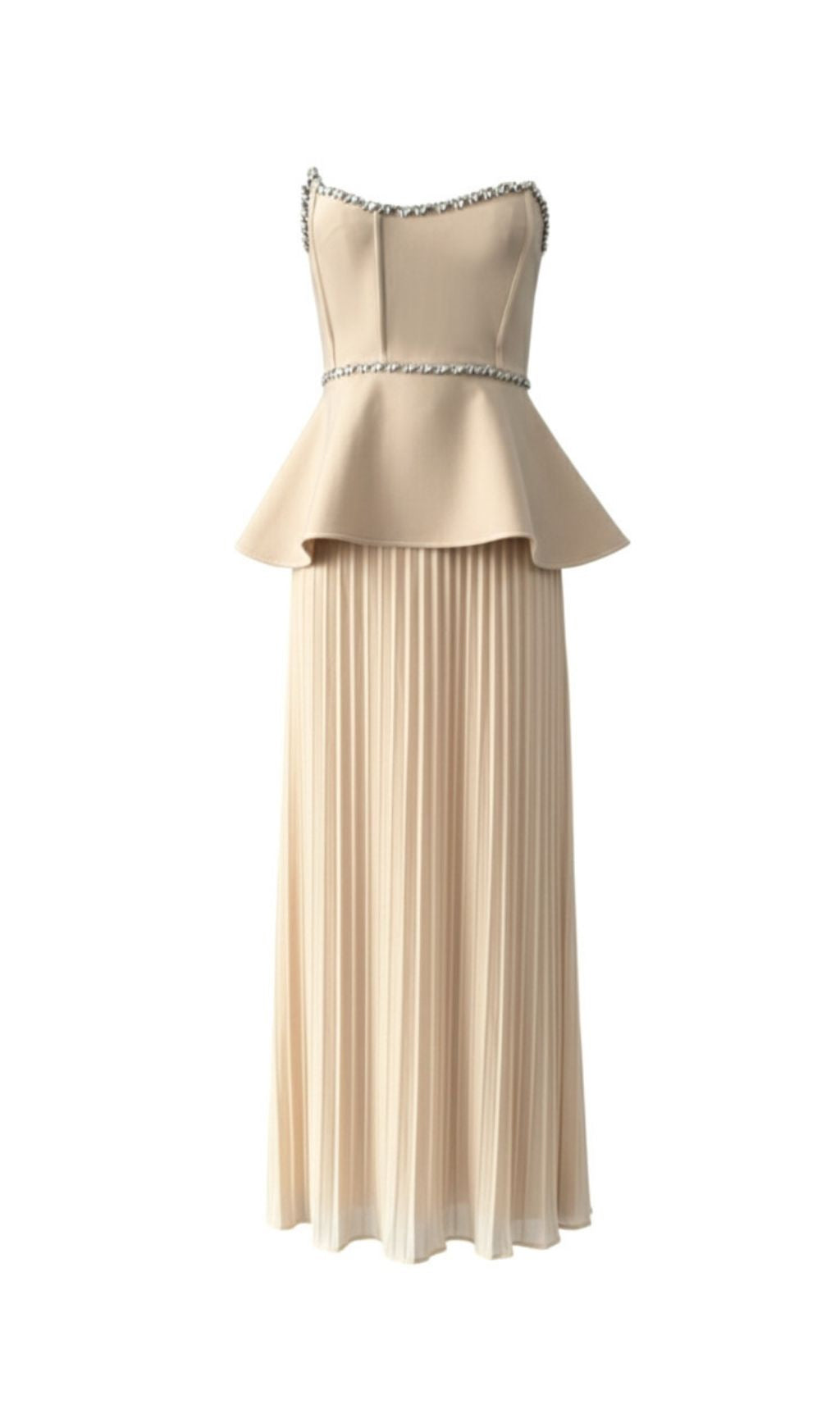 Khaleesi Elegance: Strapless Peplum Diamante Pleated Maxi Dress - Black & White Gown