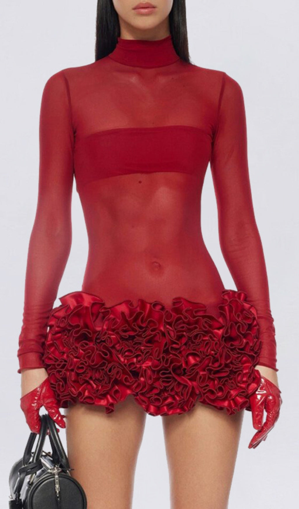 Britain Red Petal Detail Long Sleeve Mini Dress