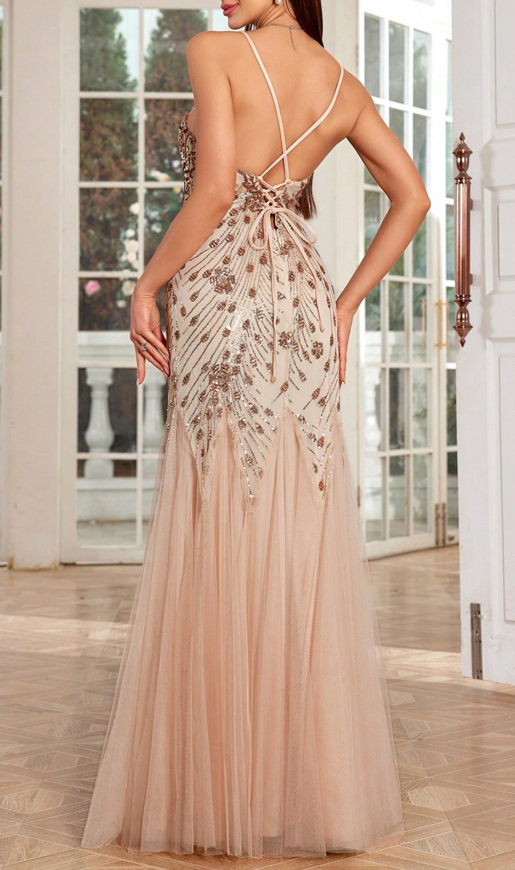 Gevvie Strappy Sequin Mesh Maxi Dress