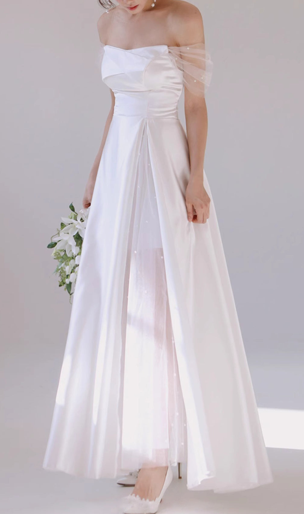 Columnia White Satin Mesh Wedding Dress