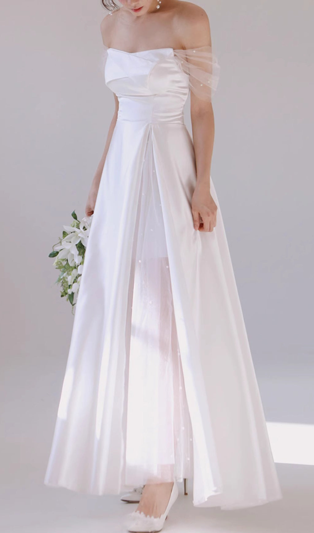 Columnia White Satin Mesh Wedding Dress