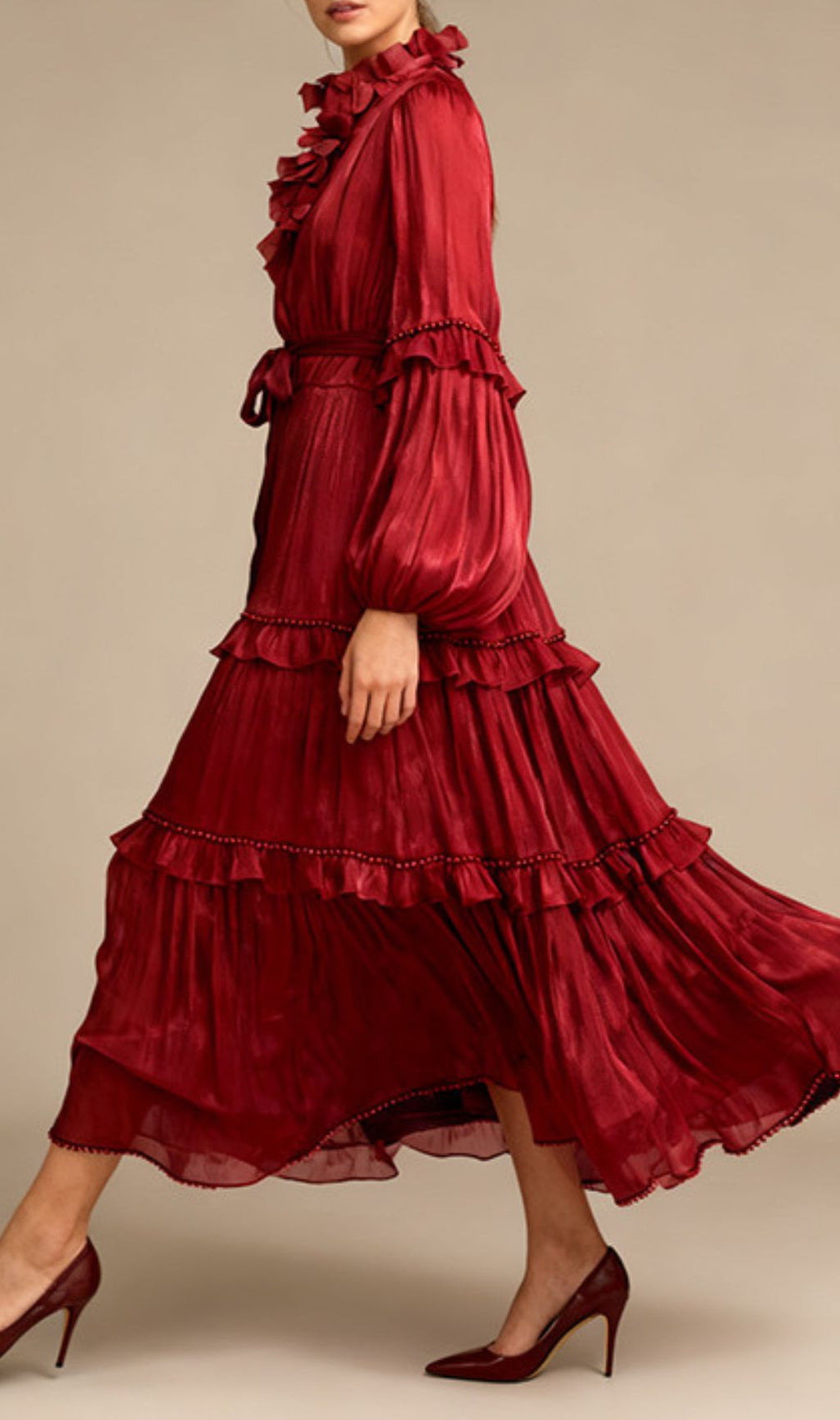 Ilissa Elegant Ruffle Midi Dress for Women - Chic Long Sleeve Tiered Design in Burgundy