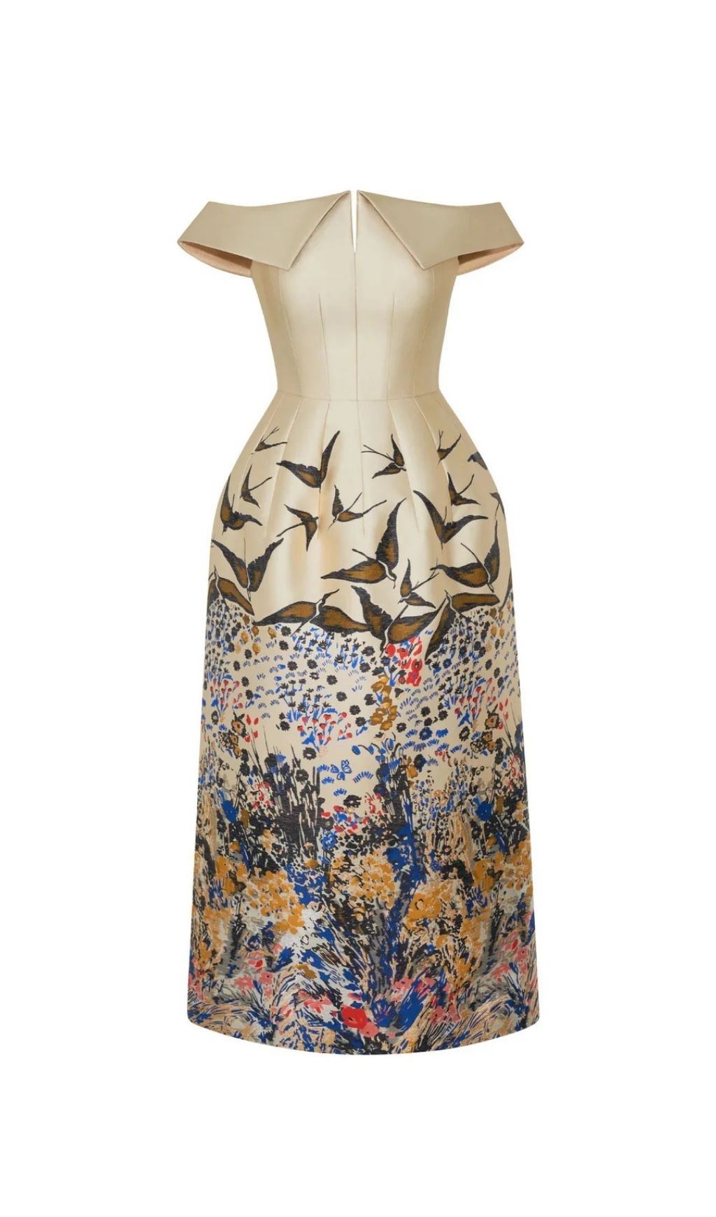 Nina Retro Floral Print Off-shoulder Midi Dress in Apricot