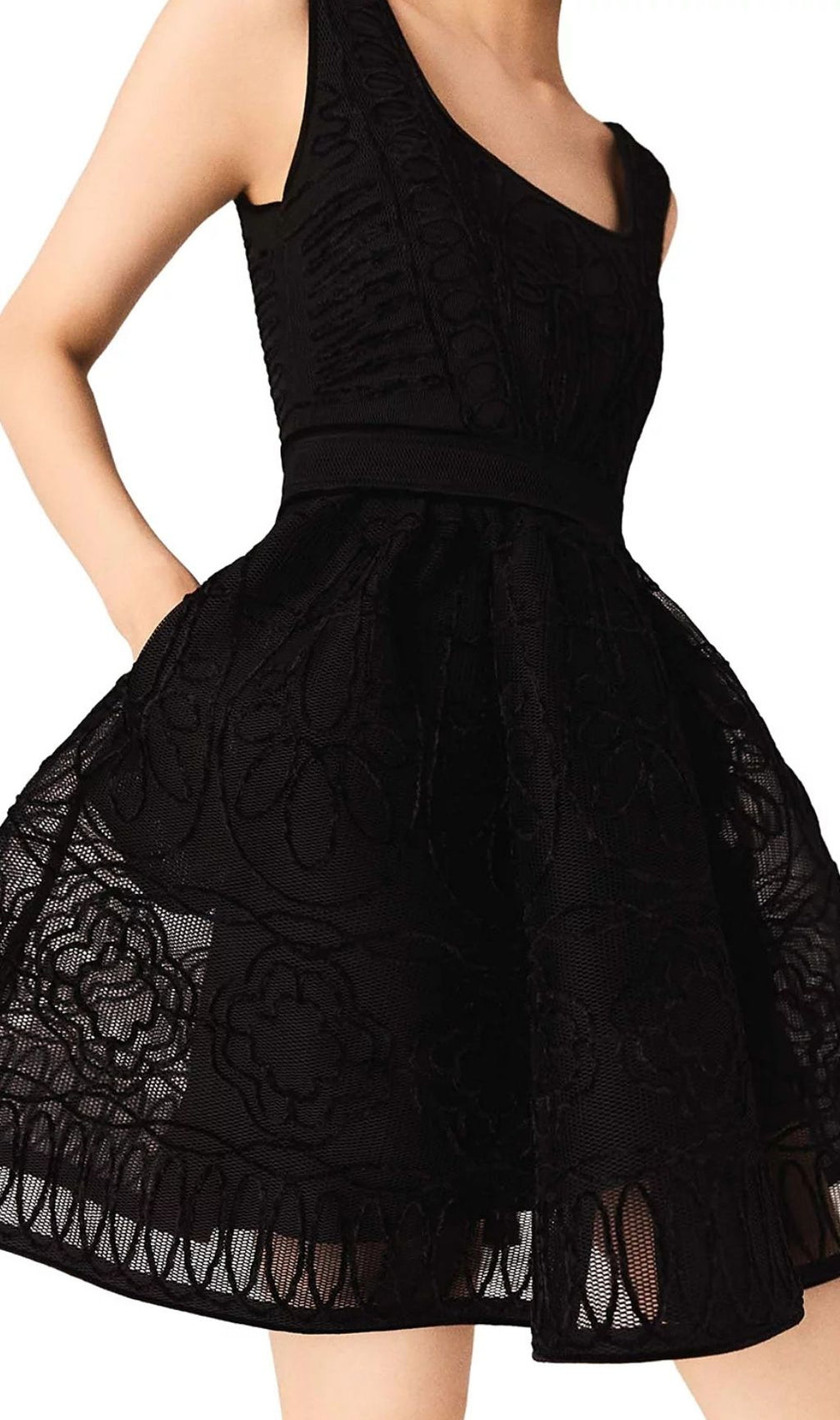 Chic Floral Embroidered Black Lace Skater Dress with Pockets - Square Neck Design