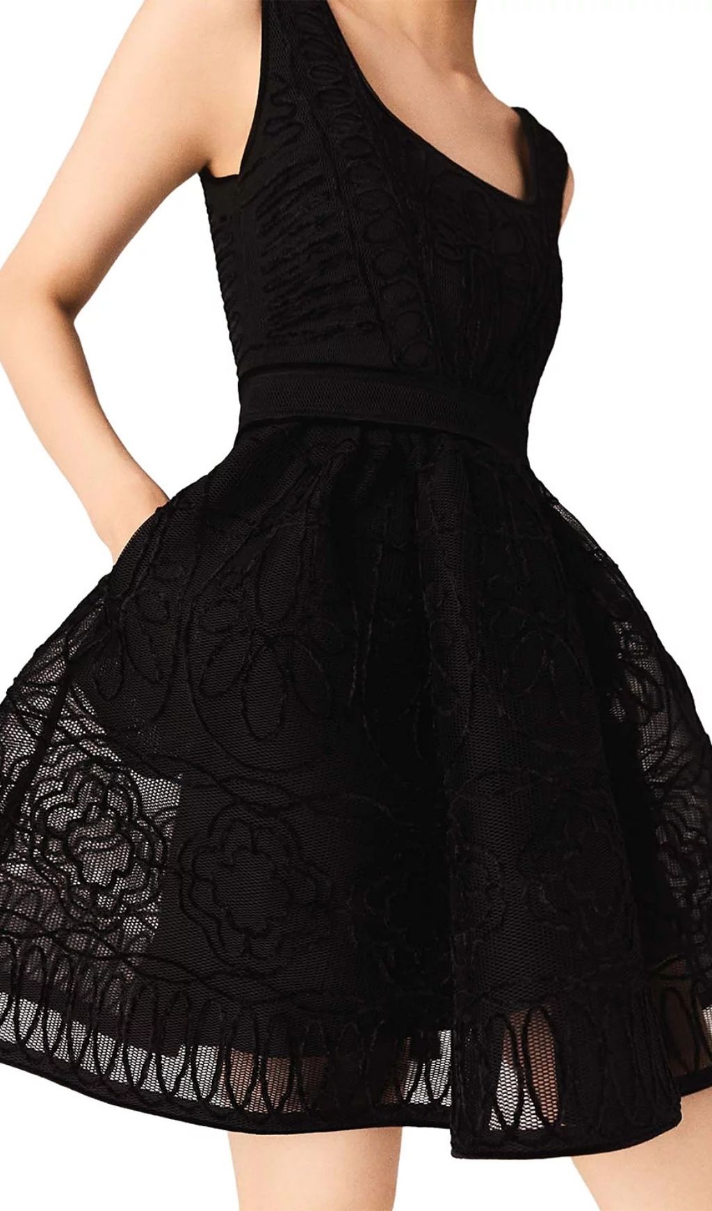 Chic Floral Embroidered Black Lace Skater Dress with Pockets - Square Neck Design