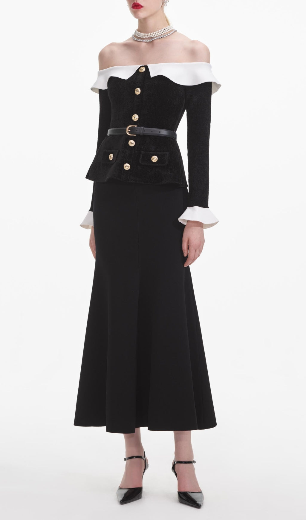 Black Chenille Knit Off Shoulder Midi Dress