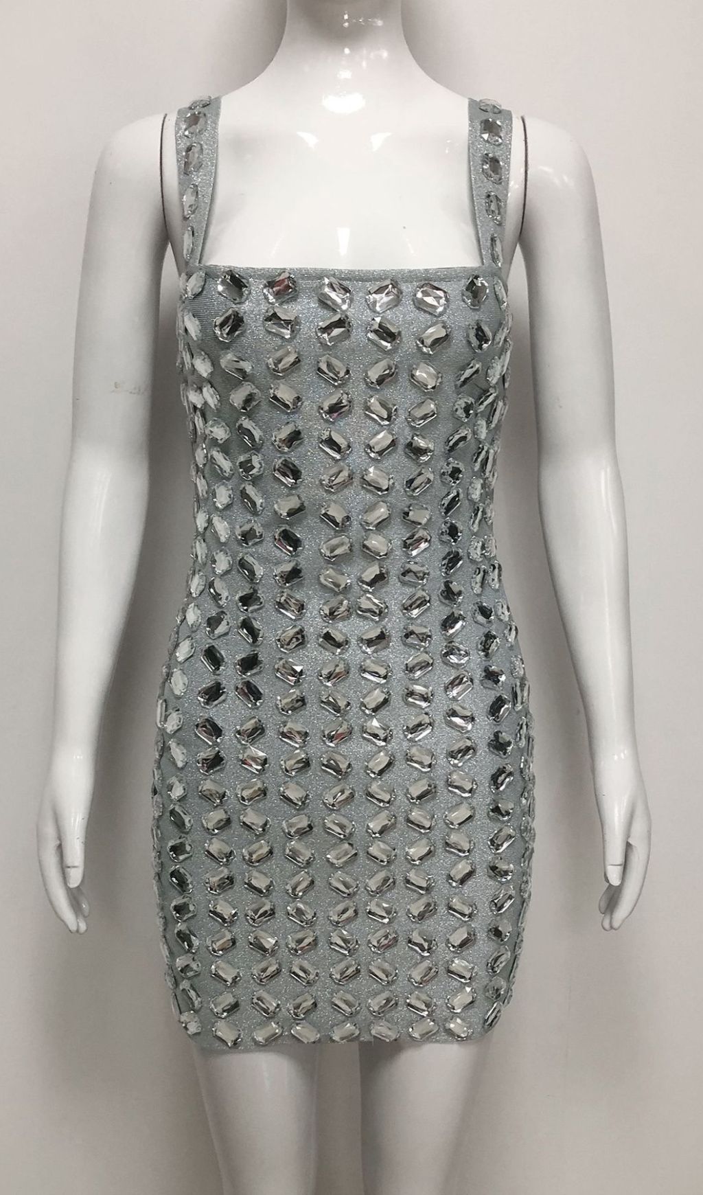 Isabeau Dazzling Grey Rhinestone Strappy Mini Dress - Sparkle & Glam