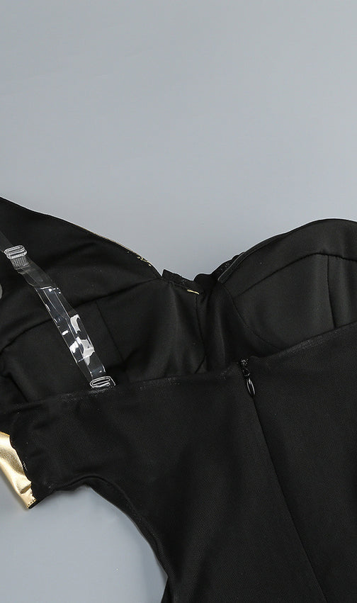 Jailene Glamorous Black & Gold One-Shoulder Chain Maxi Dress