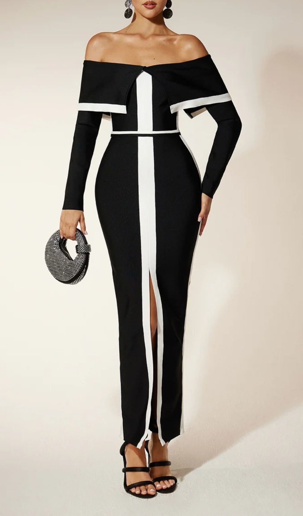 Glamorous Off-Shoulder Black & White Bandage Maxi Dress with High Split
