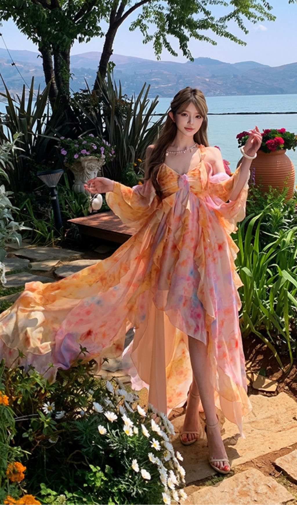Komali Printed Butterfly Ruffle Maxi Dress