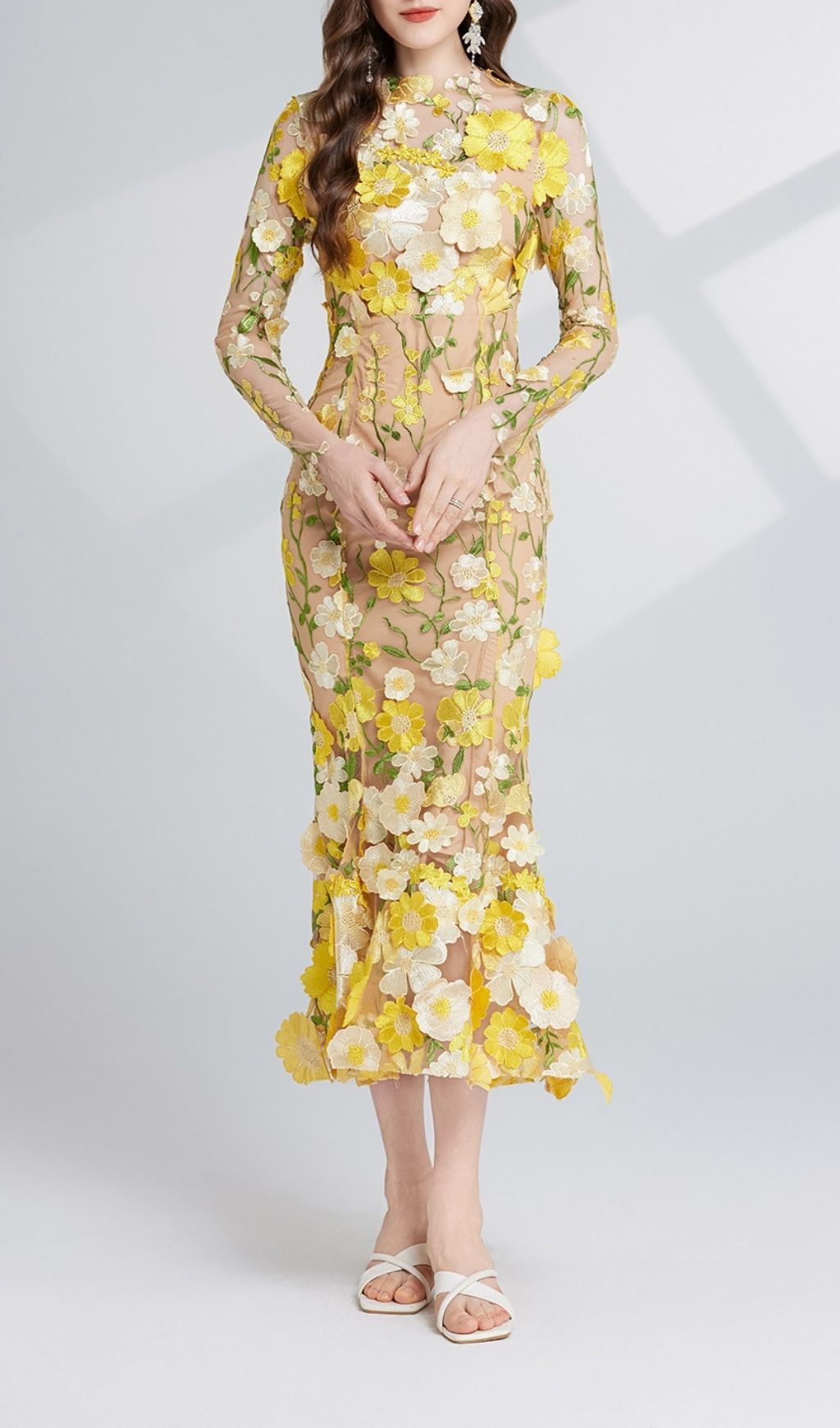 Carol Yellow Floral Embroidery Mesh Fishtail Long Sleeve Midi Dress