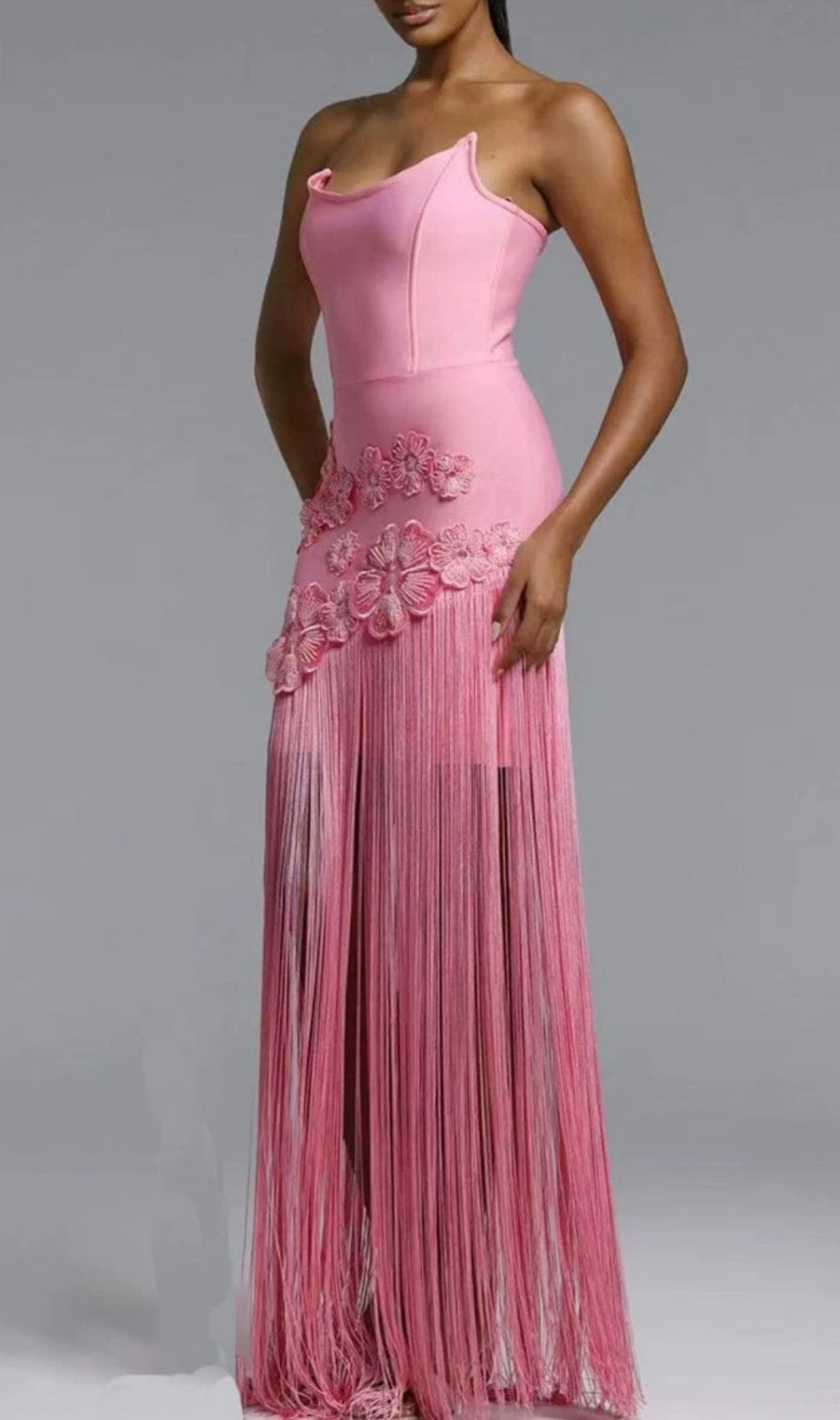 Koa Pink Strapless Flower Tassel Bandage Maxi Dress