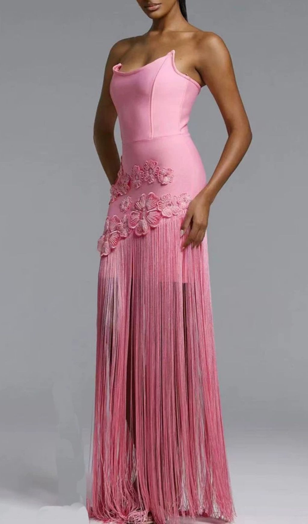 Koa Pink Strapless Flower Tassel Bandage Maxi Dress
