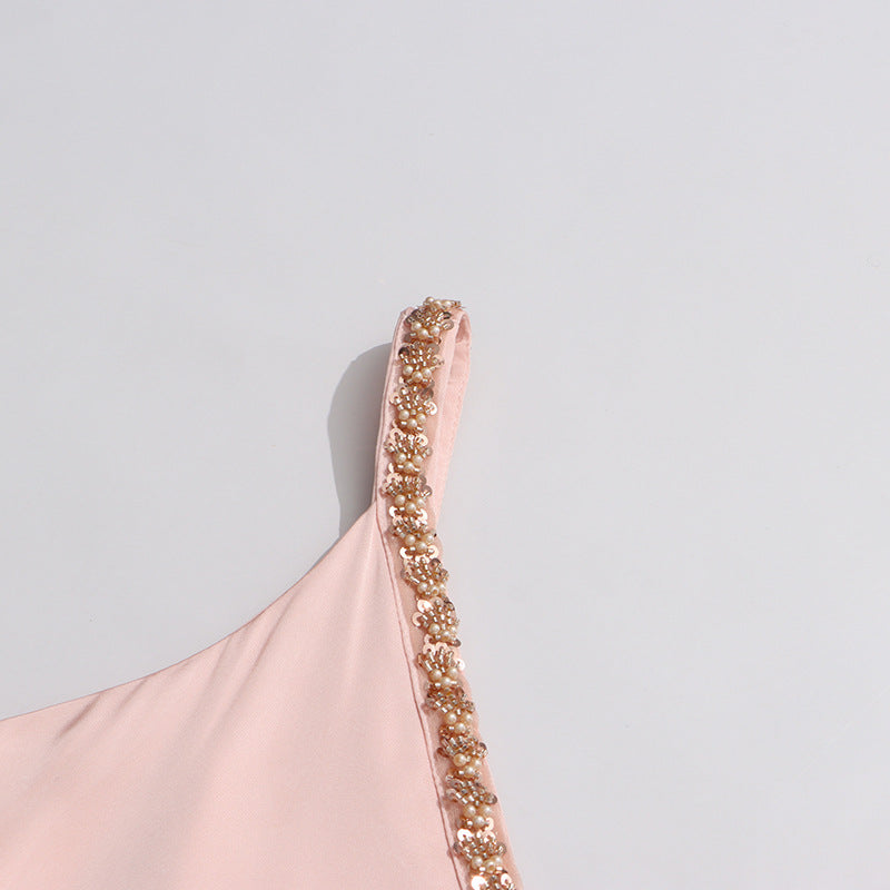 Inge Elegant Pink Floral Maxi Dress | Strappy V-Neck & Chain Trim Gown