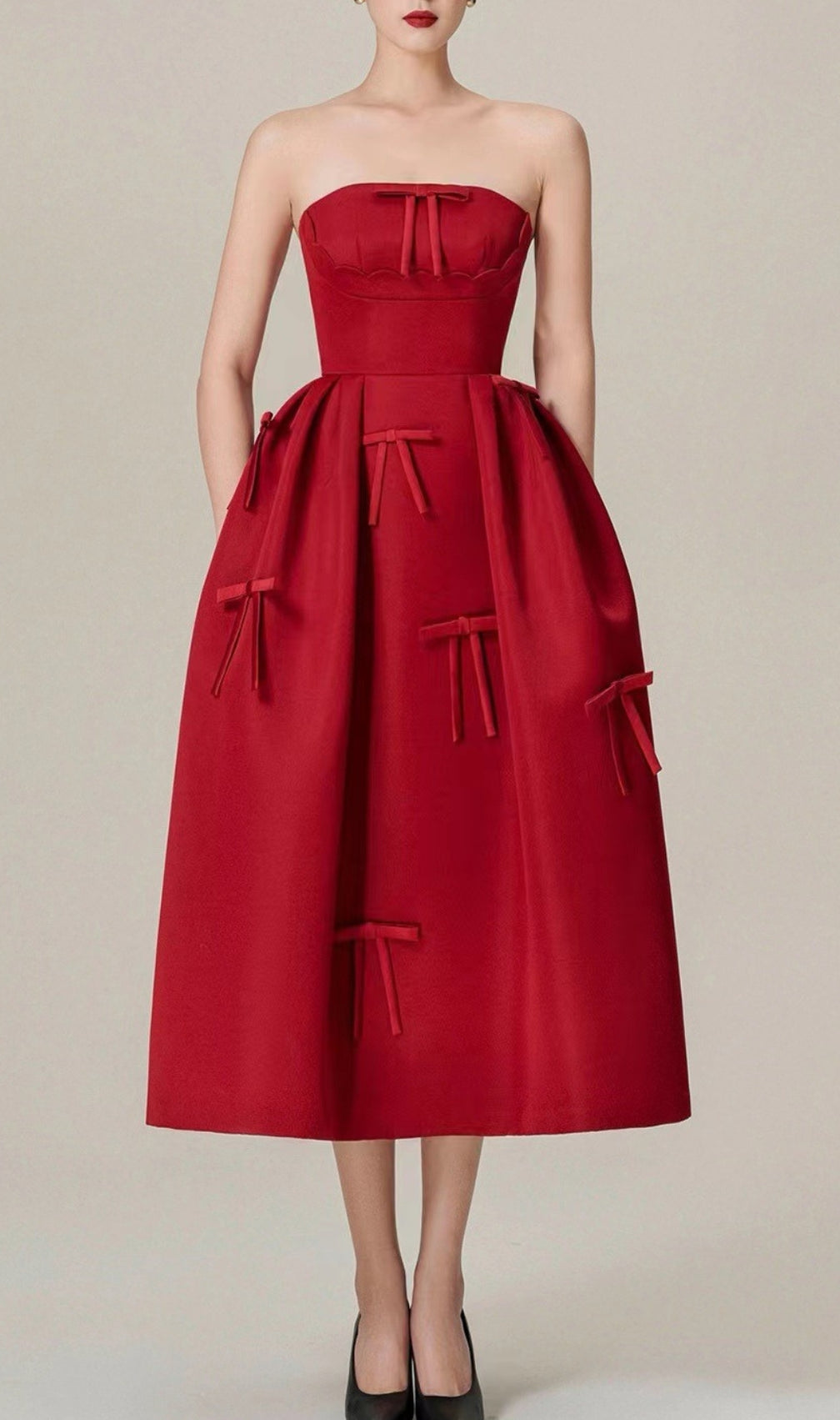 Berkant Red Strapless Bow Midi Dress