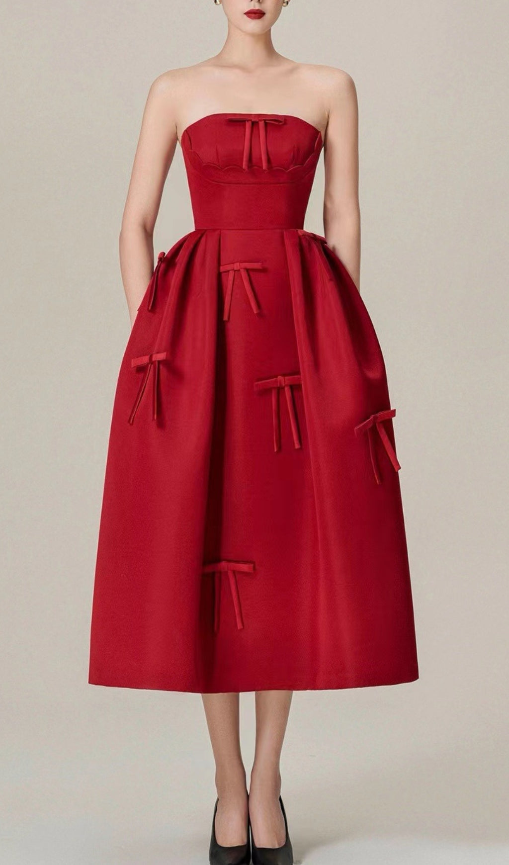 Berkant Red Strapless Bow Midi Dress