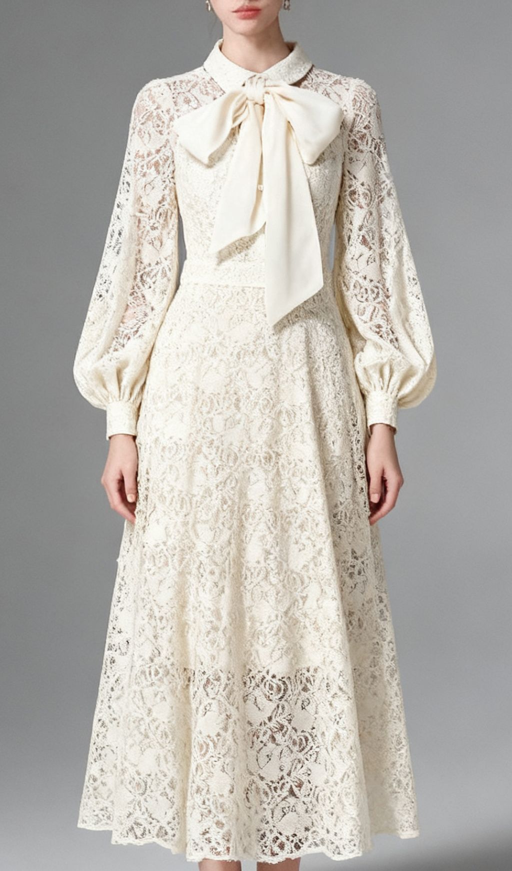 Issay Elegant Lace Maxi Dress with Statement Bow | Long Sleeve Formal Gown