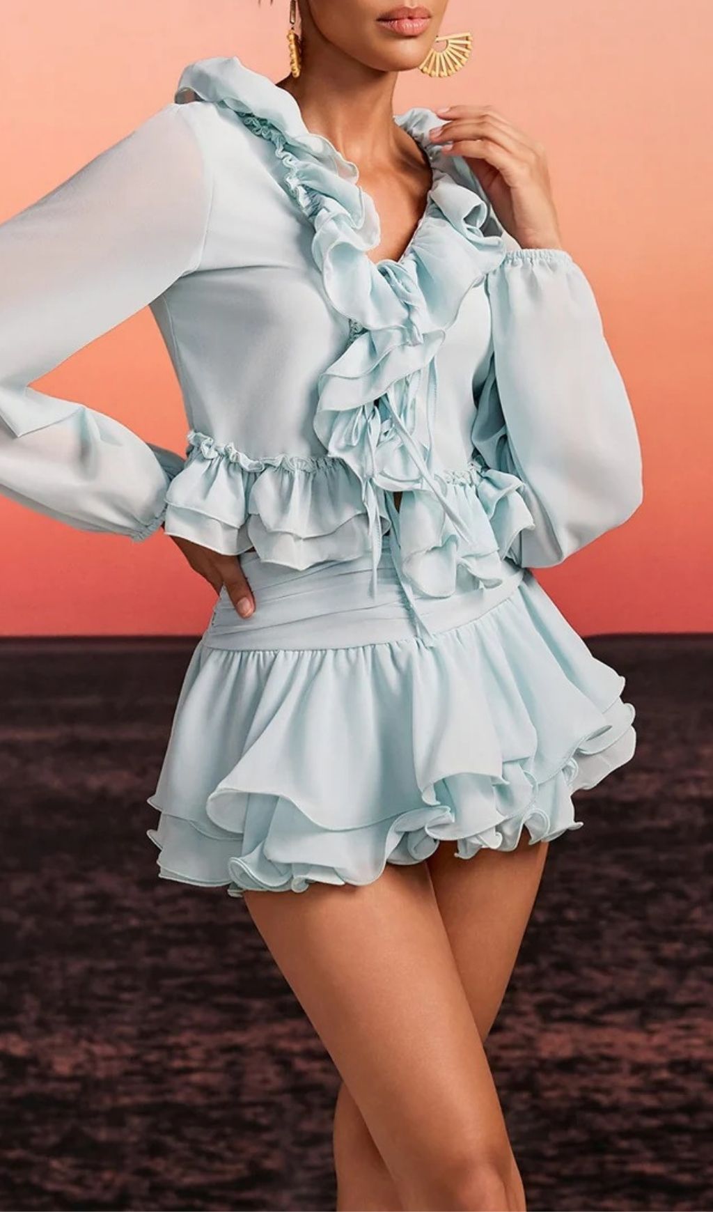 Evarn Sky Blue Ruffle Long Sleeve Mini Skirt Set - Effortless Chic