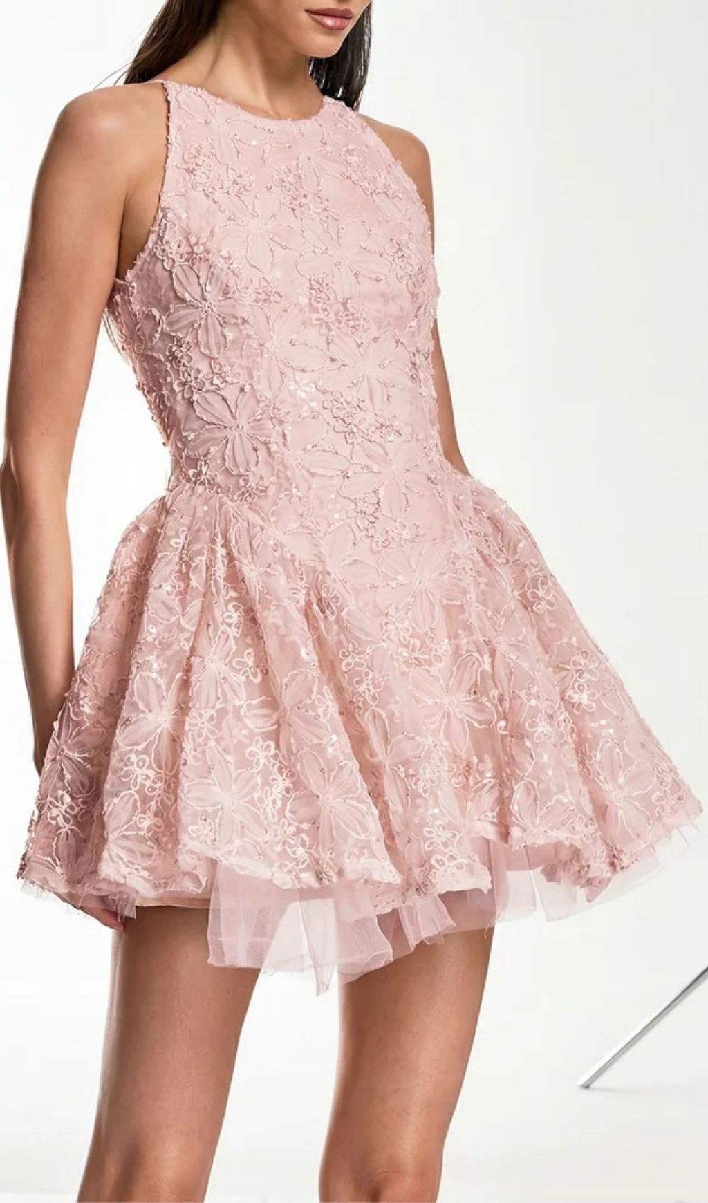Katsumi Pink Floral Lace Halter Mini Dress | Romantic Party & Cocktail
