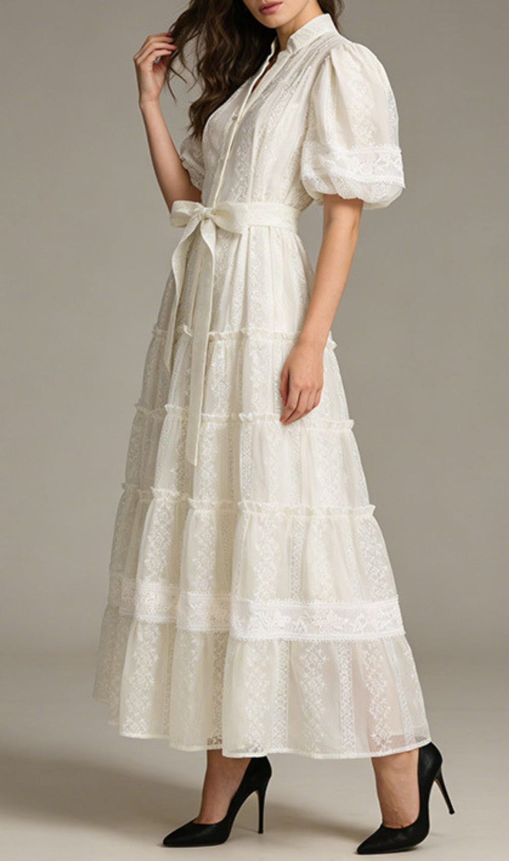Jad Romantic Lace Puff-Sleeve Tiered Maxi Dress