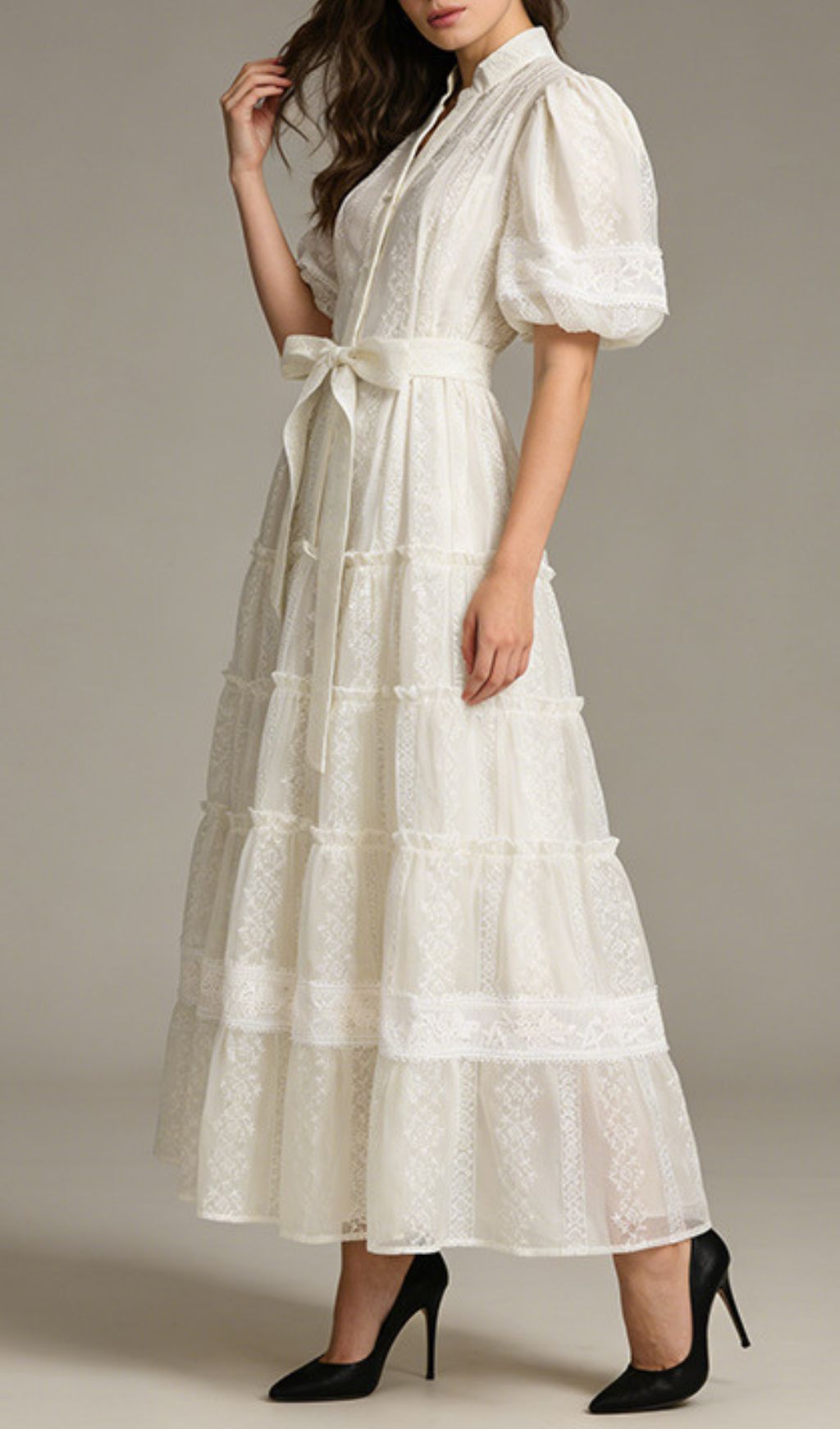 Jad Romantic Lace Puff-Sleeve Tiered Maxi Dress