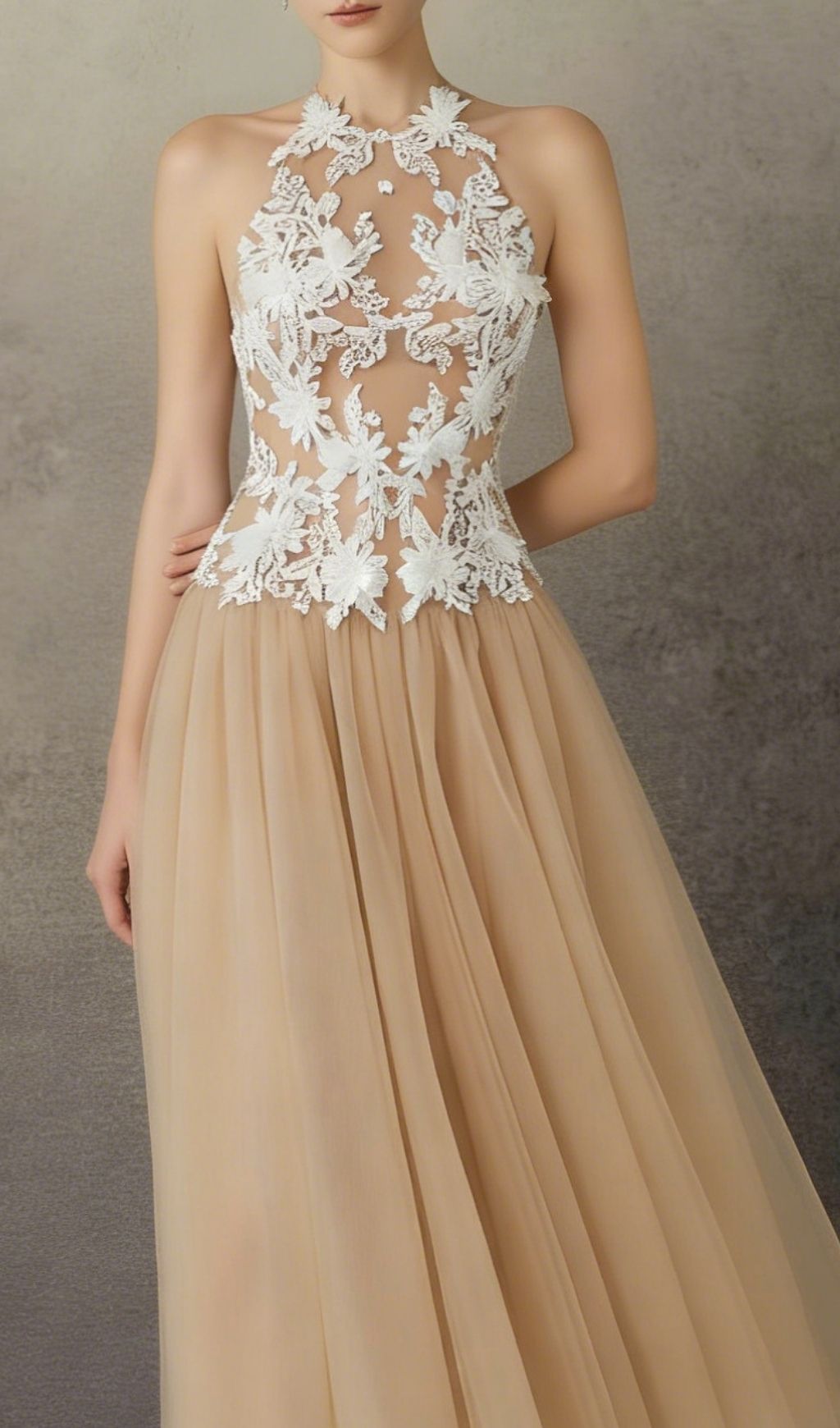 Katsuro Illusion Floral Lace Halter Maxi Gown - Ethereal Evening & Wedding Dress