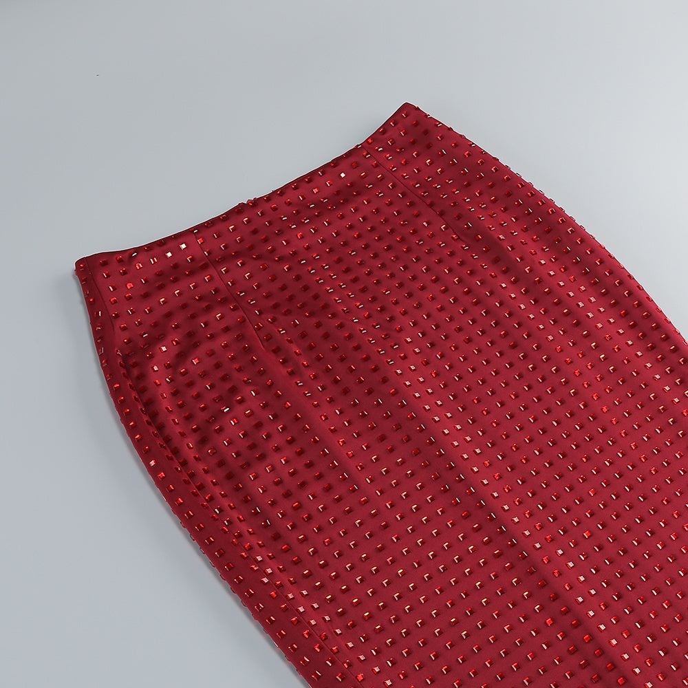 Isley Red Dazzling Embellished Strapless Corset Top & Maxi Skirt Set