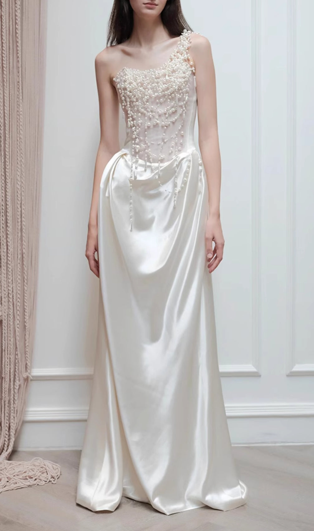 Cali White Pearl One-Shoulder Wedding Dress