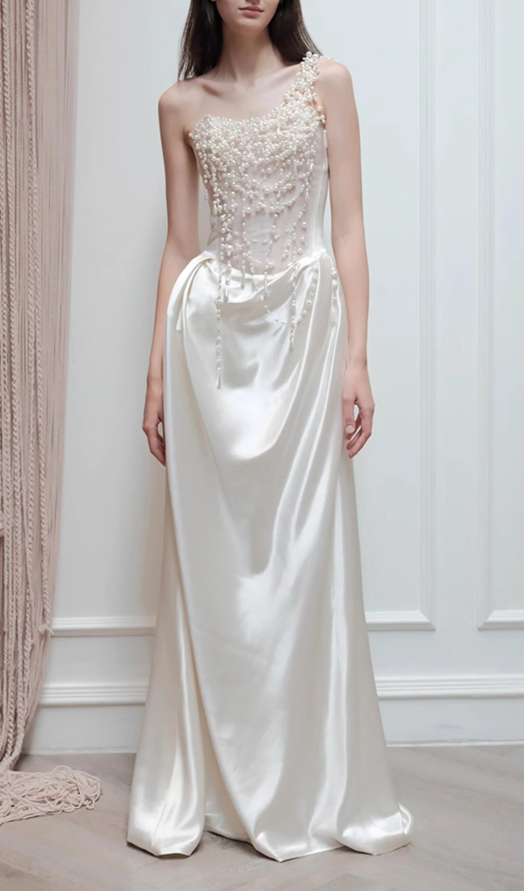 Cali White Pearl One-Shoulder Wedding Dress