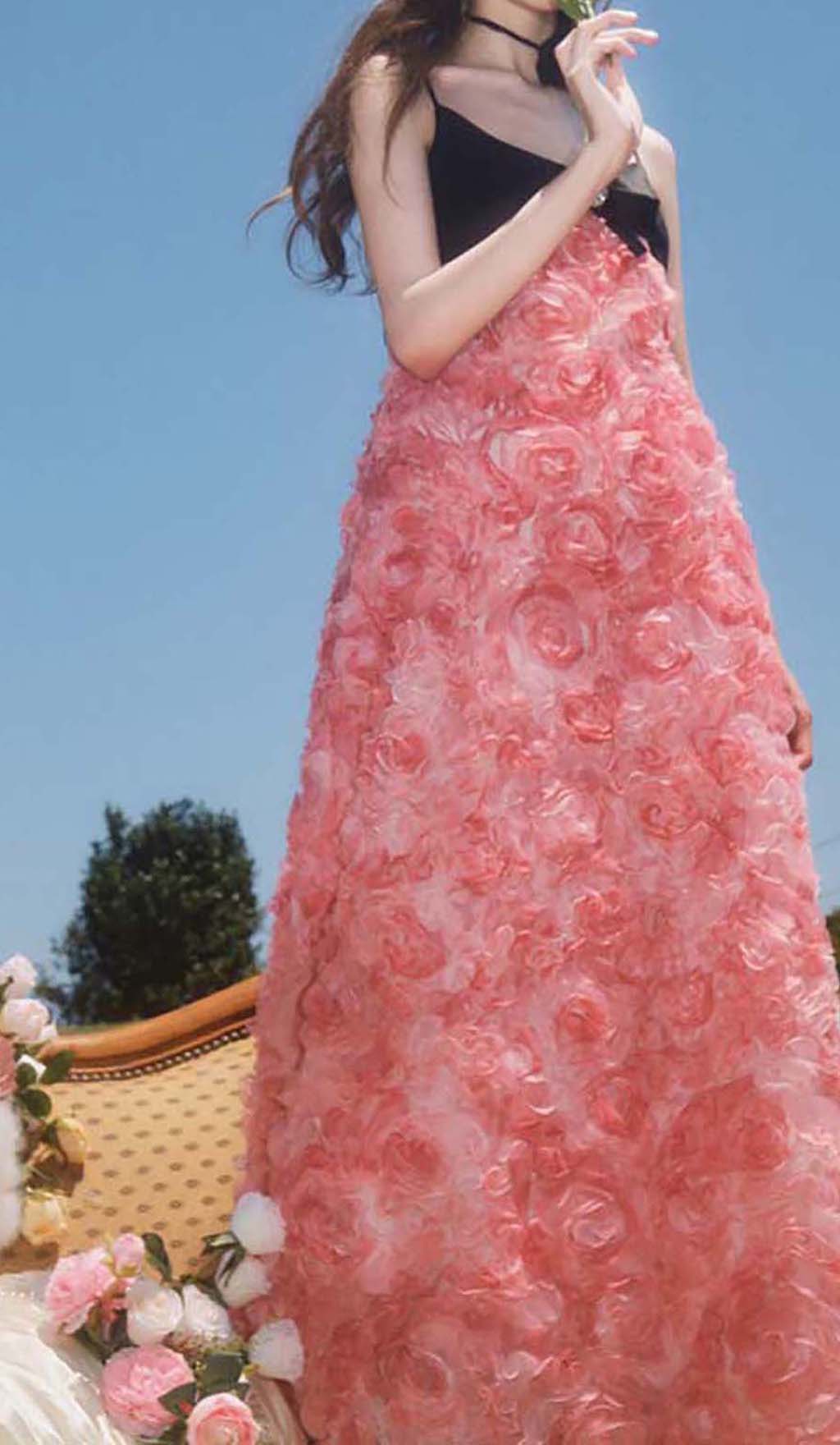 Rose Appliquéd Spaghetti Maxi Dress In Pink