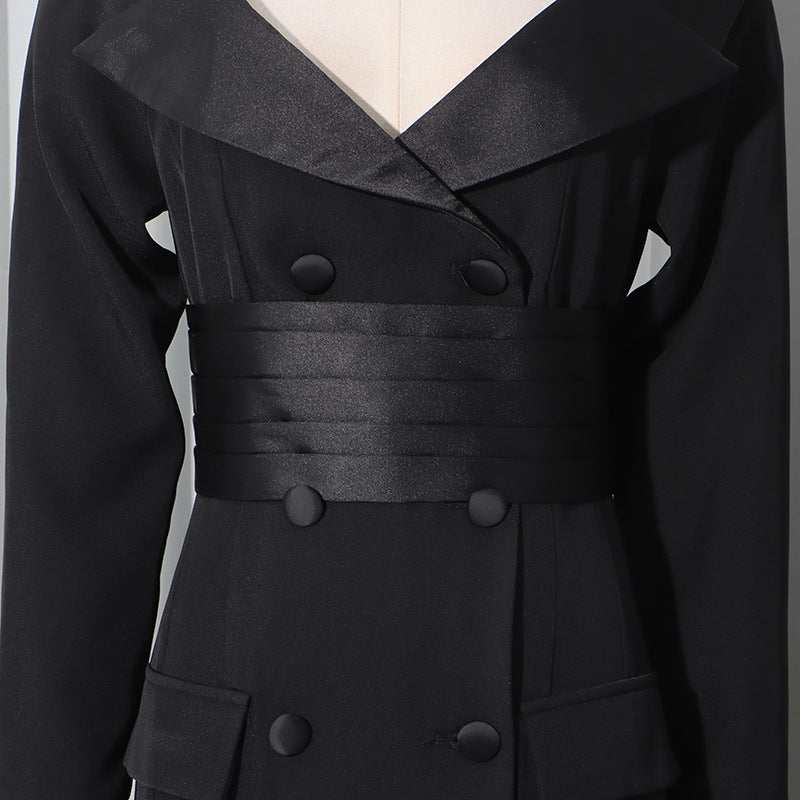 Kazi Black Off-Shoulder Blazer Maxi Dress - Elegant Tailored Gown for Women