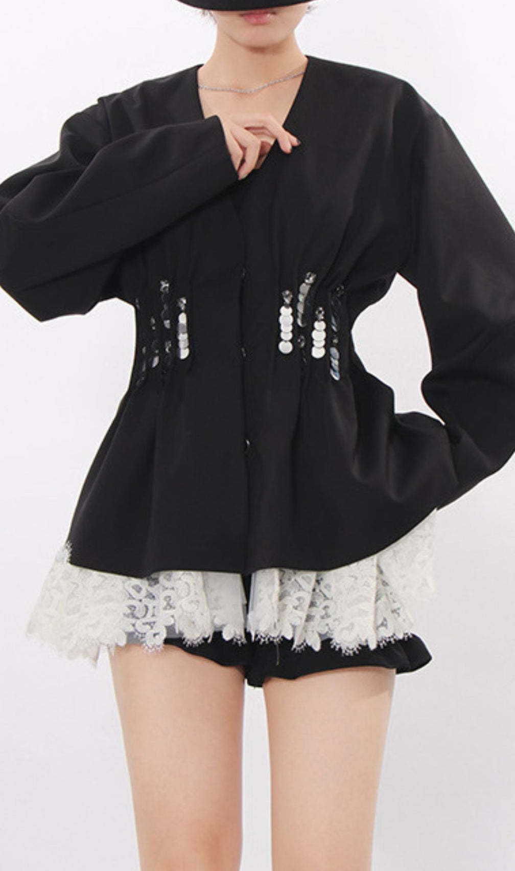 Janina Black Pleated Sequin Embellished Blazer – Chic Lace Patchwork Statement Jacket