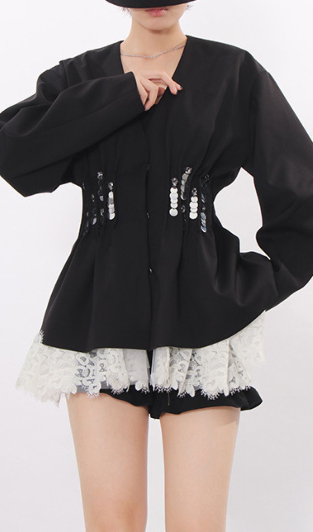 Janina Black Pleated Sequin Embellished Blazer – Chic Lace Patchwork Statement Jacket