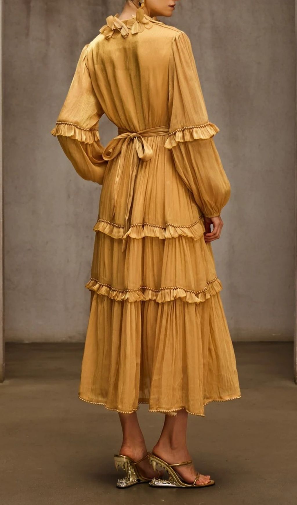 Dzon Luxe Golden Tiered Midi Dress with 3D Floral Appliques & Ruffles