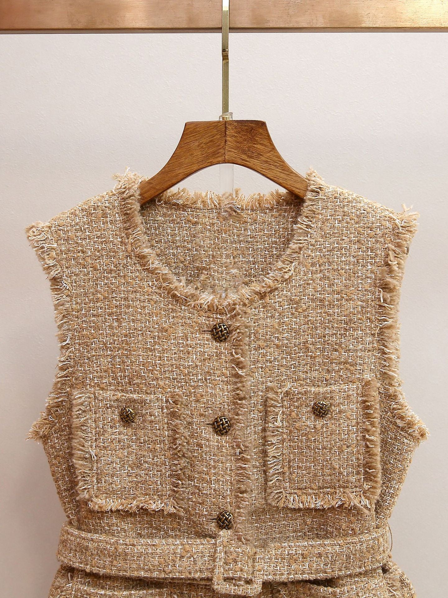 Iara Chic Tweed Belted Vest for Women | Fringed & Structured