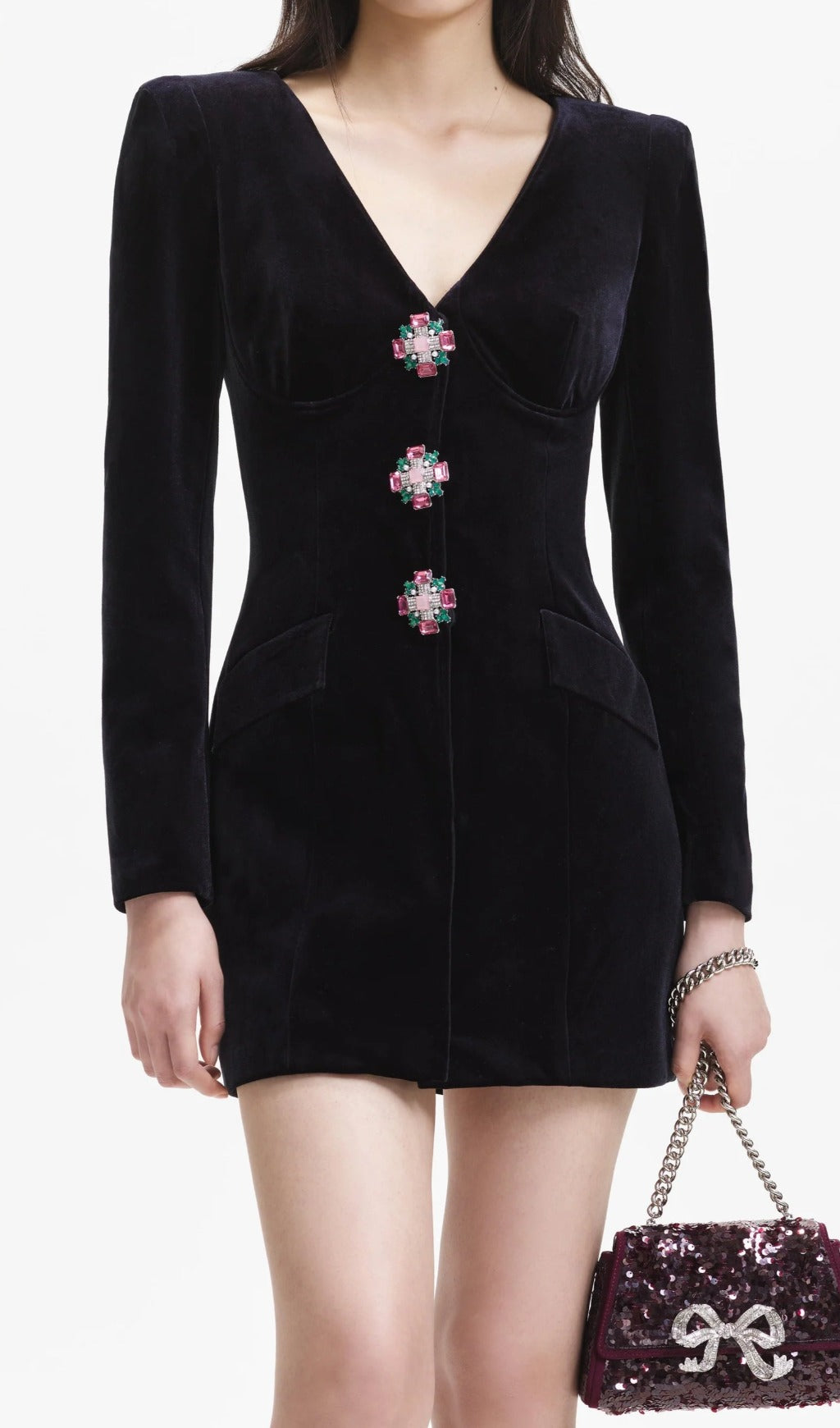 Atlee Black Velvet V-Neck Mini Dress