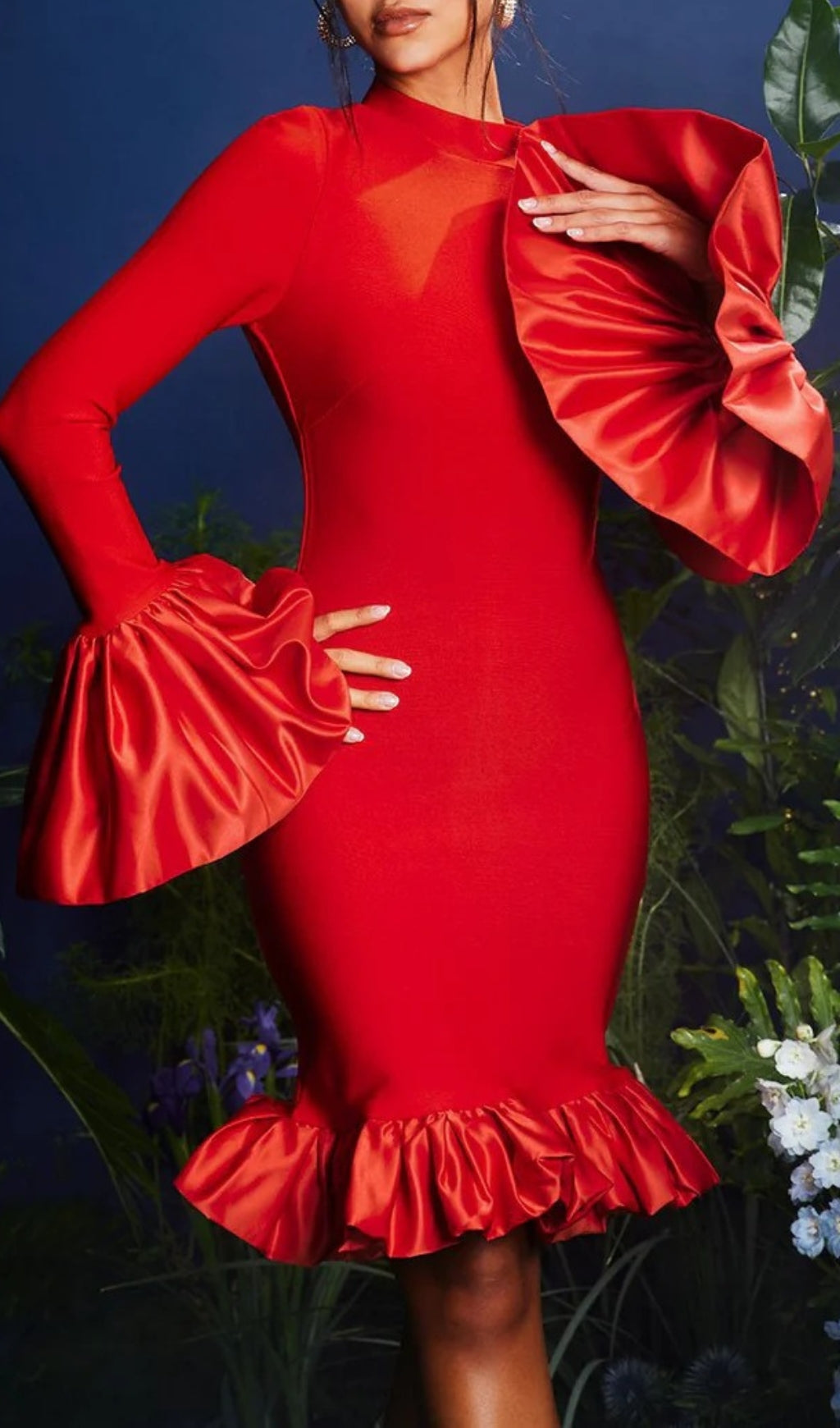 Omiros Flounce Sleeve Bandage Midi Dress