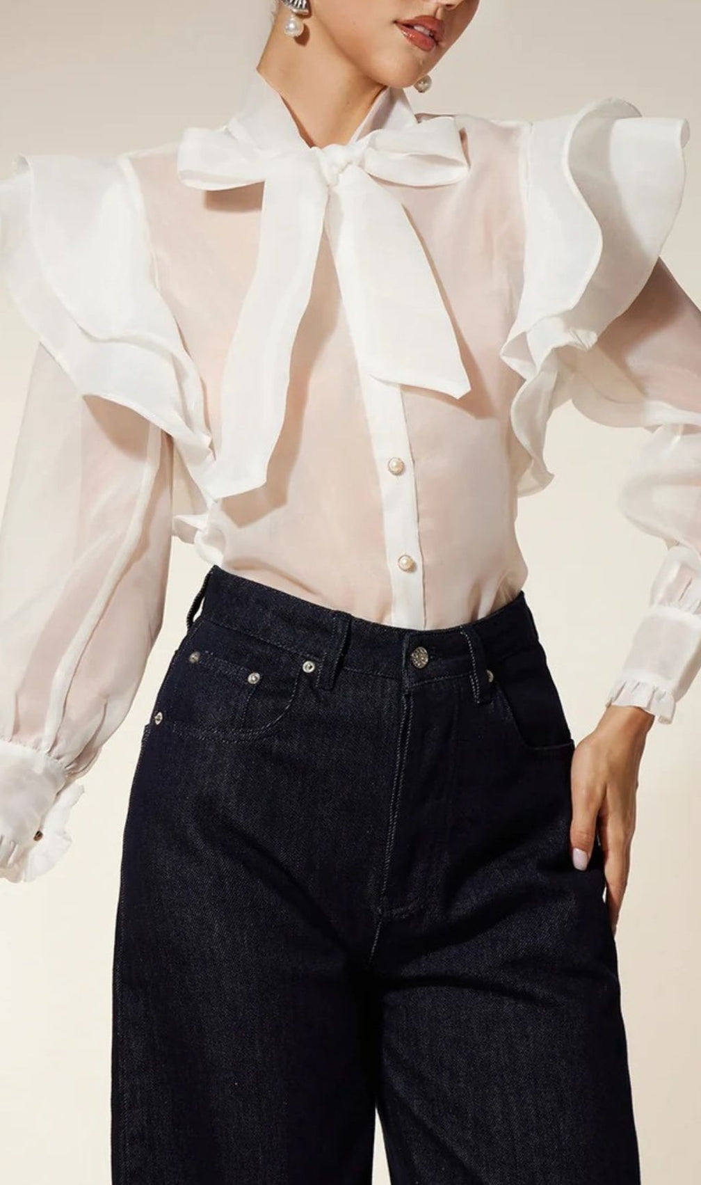 Chic Eiko Women's Sheer Organza Bow Ruffle Blouse