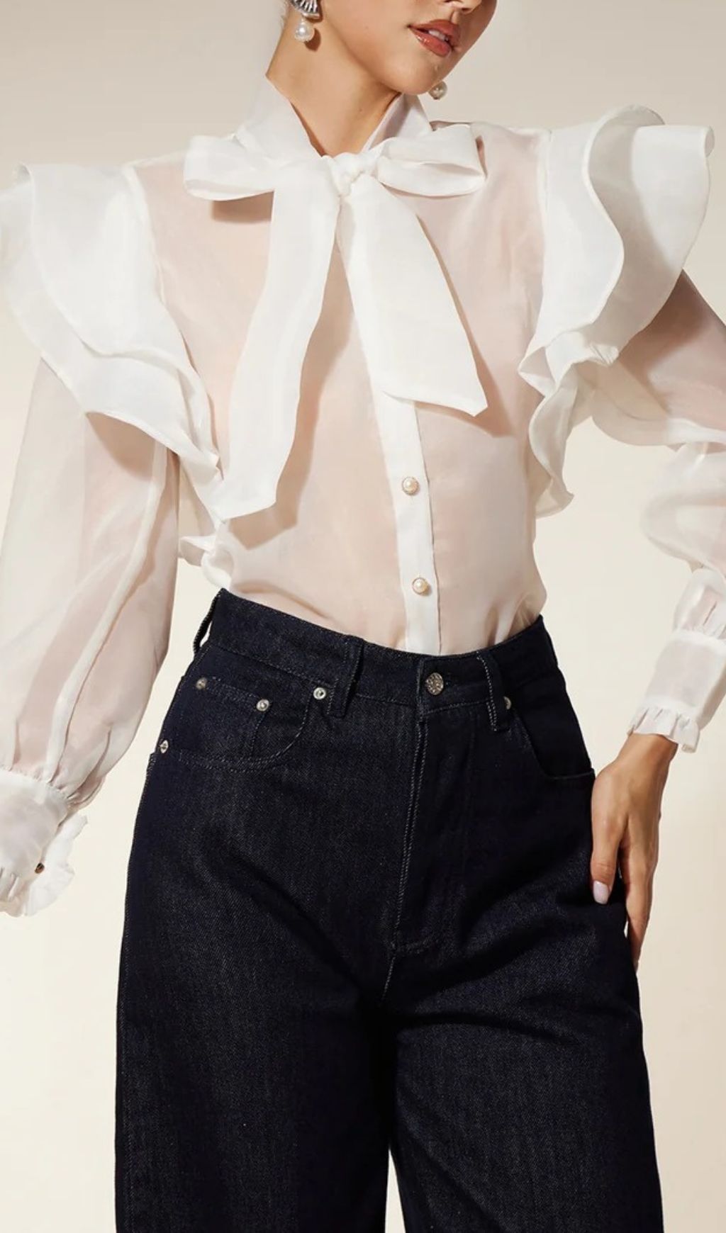 Chic Eiko Women's Sheer Organza Bow Ruffle Blouse