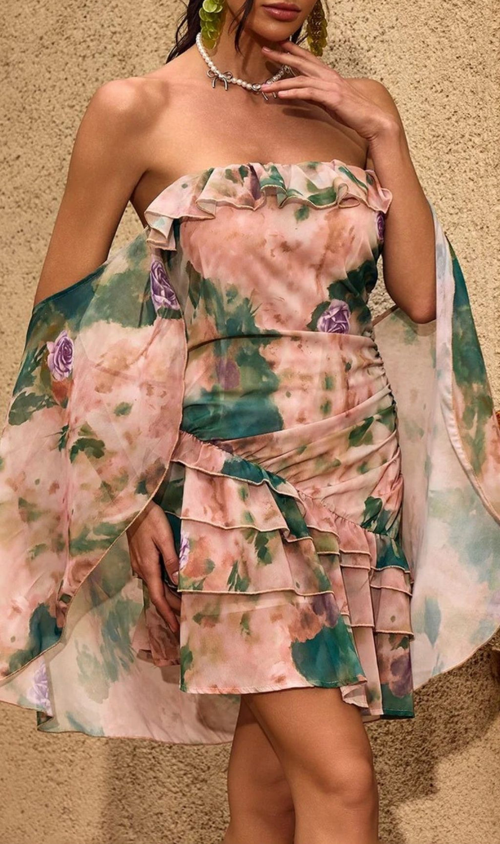 Dreamy Chelan Floral Ruffle Mini Dress with Off-Shoulder Cape Sleeves