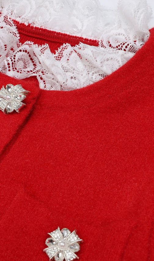 Vibrant Red Knit Mini Dress | Ruffle Lace, Sparkle Buttons & Belted Chic