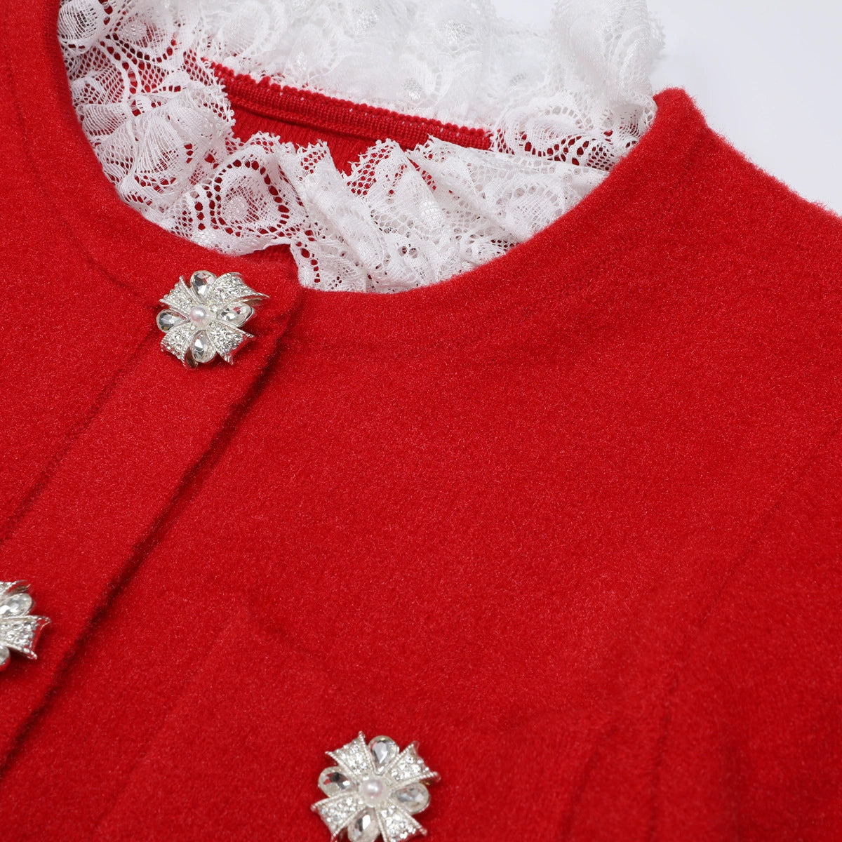 Vibrant Red Knit Mini Dress | Ruffle Lace, Sparkle Buttons & Belted Chic