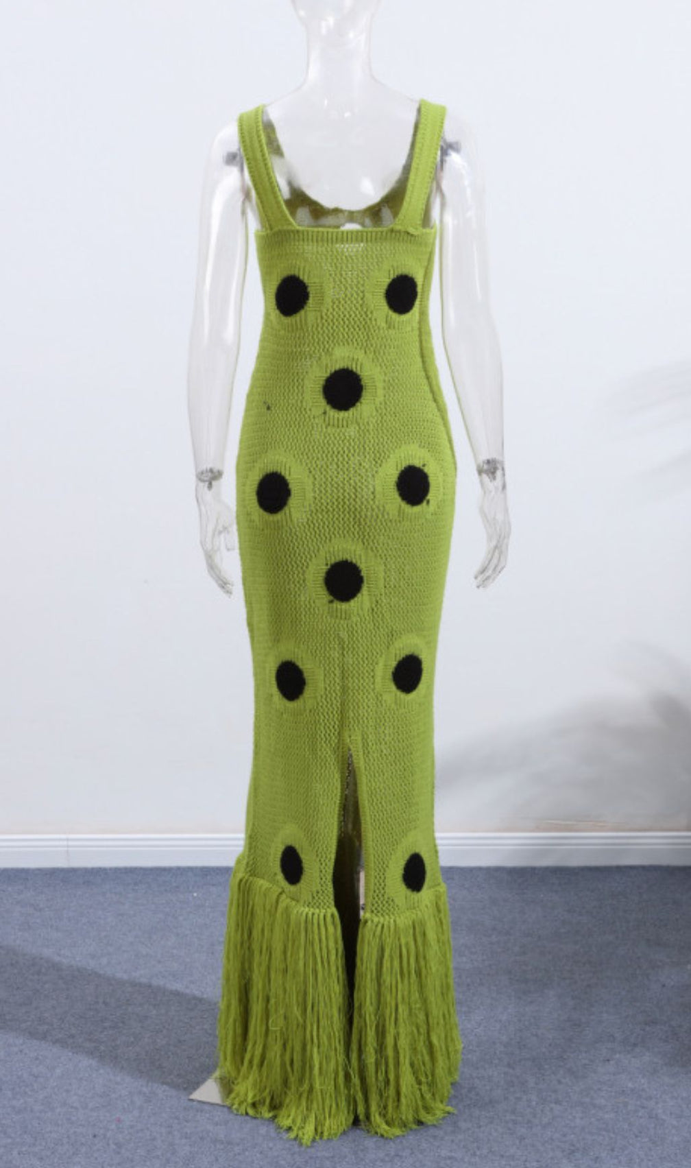 Gaelion Vibrant Green Polka Dot Fringe Knitted Midi Dress - Statement Summer Style