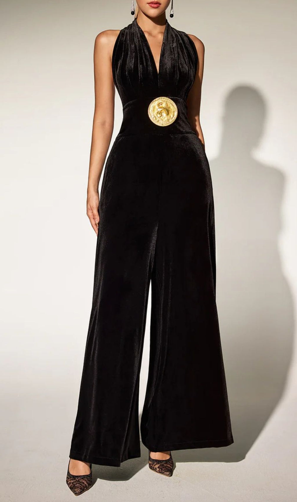 Brytni Halterneck Velvet Jumpsuit | Elegant Wide-Leg with Statement Gold Buckle