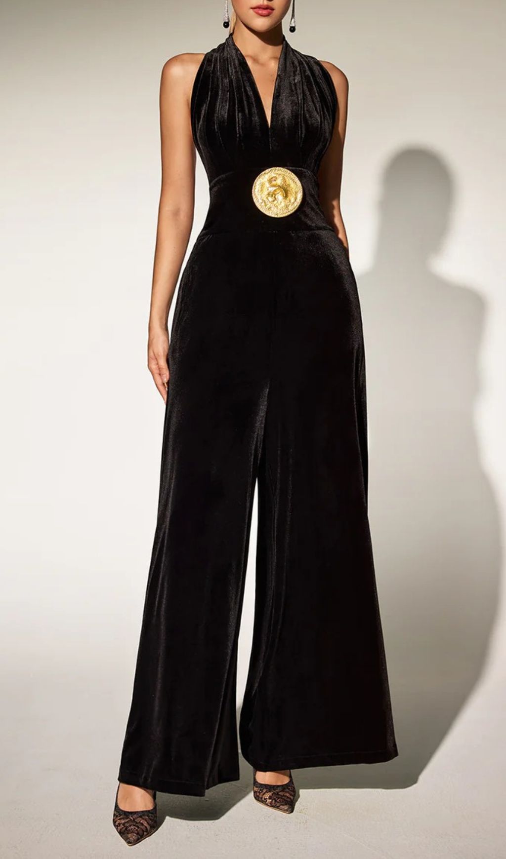 Brytni Halterneck Velvet Jumpsuit | Elegant Wide-Leg with Statement Gold Buckle